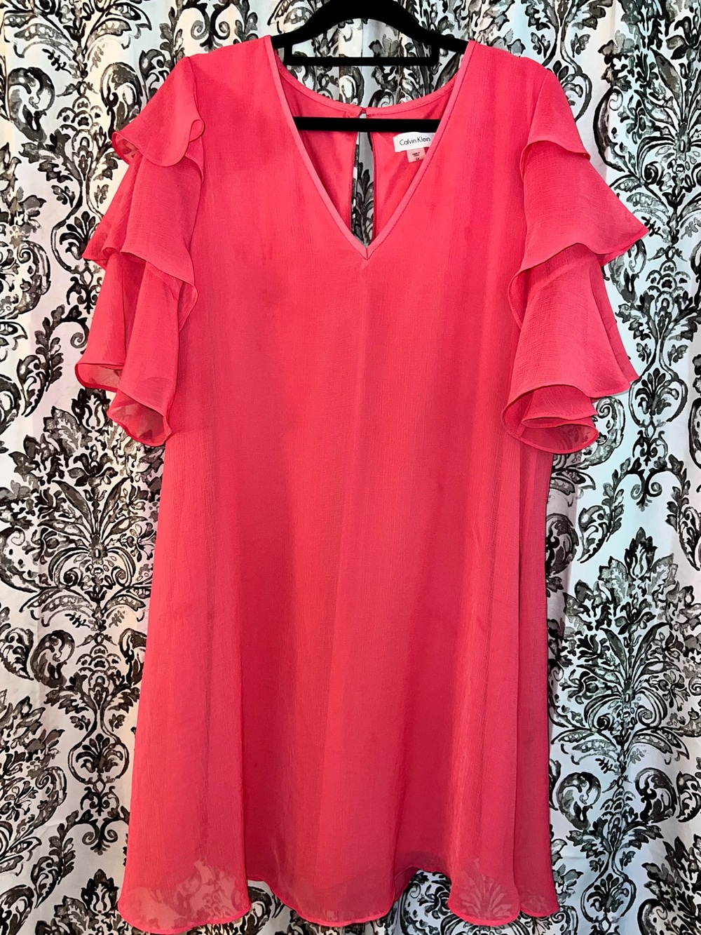 Calvin Klein Coral Pink Ruffle-Sleeve V-Neck Dress